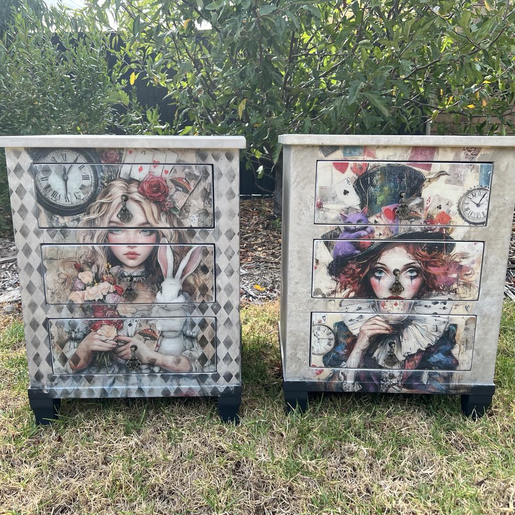 Alice and Mad Hatter Bedside Tables by Restyled Furniture Studio