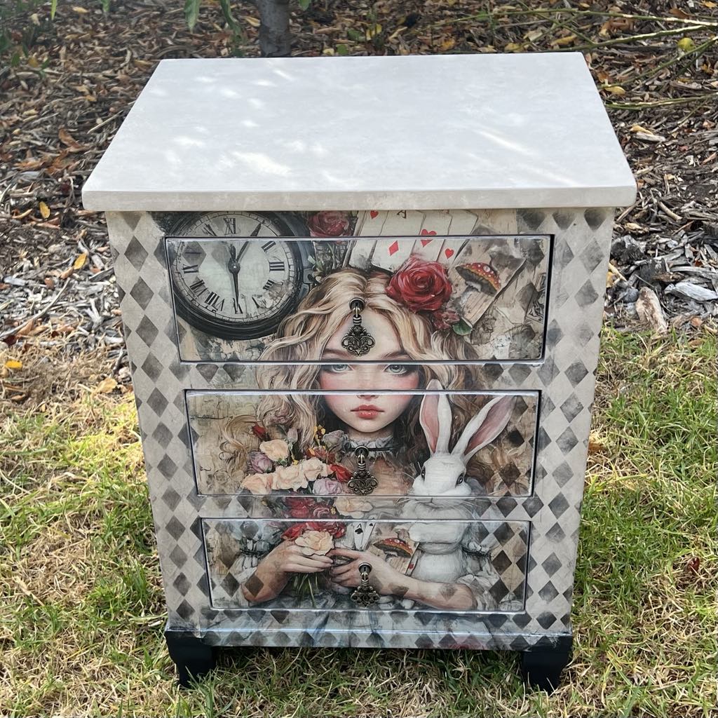 Alice and Mad Hatter Bedside Tables by Restyled Furniture Studio