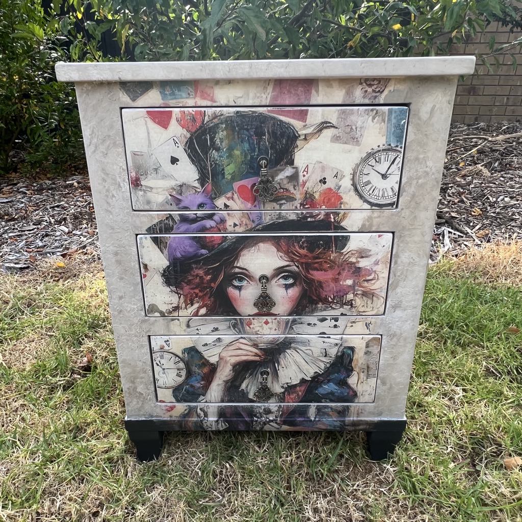 Alice and Mad Hatter Bedside Tables by Restyled Furniture Studio