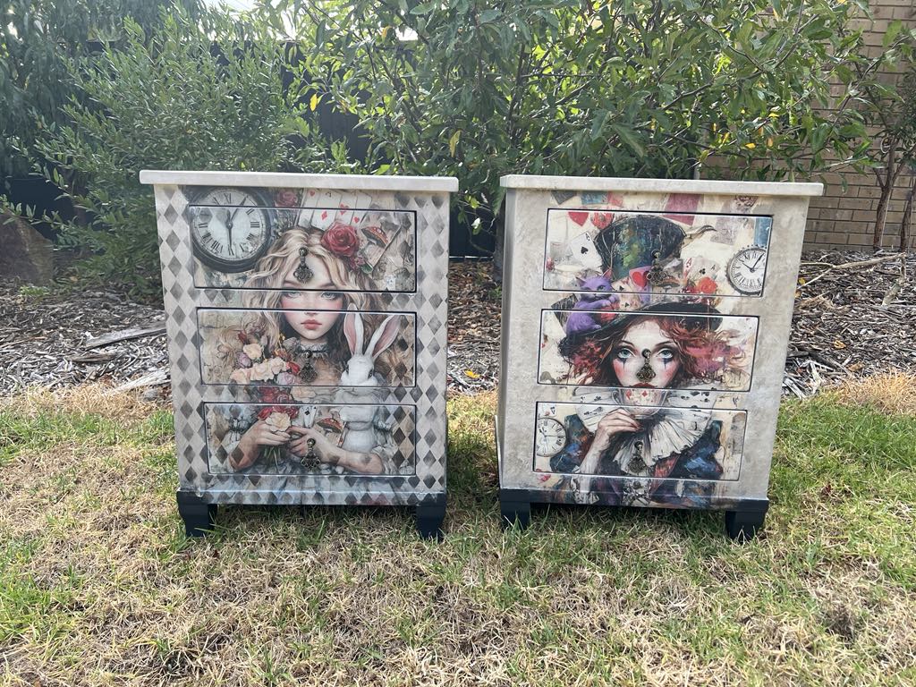 Alice and Mad Hatter Bedside Tables by Restyled Furniture Studio