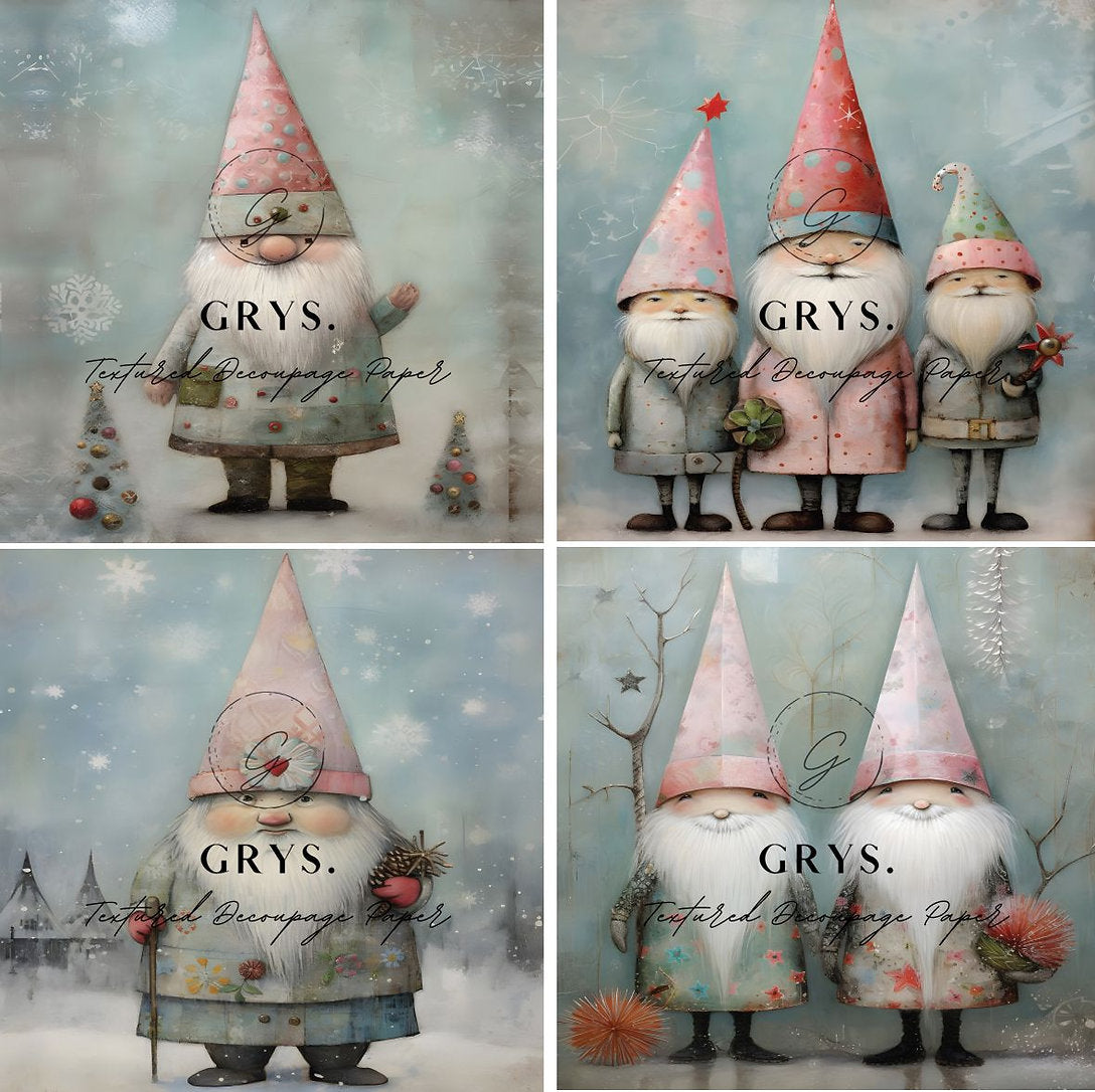 Grys Textured Decoupage Paper - Christmas Gnomes (Fours)