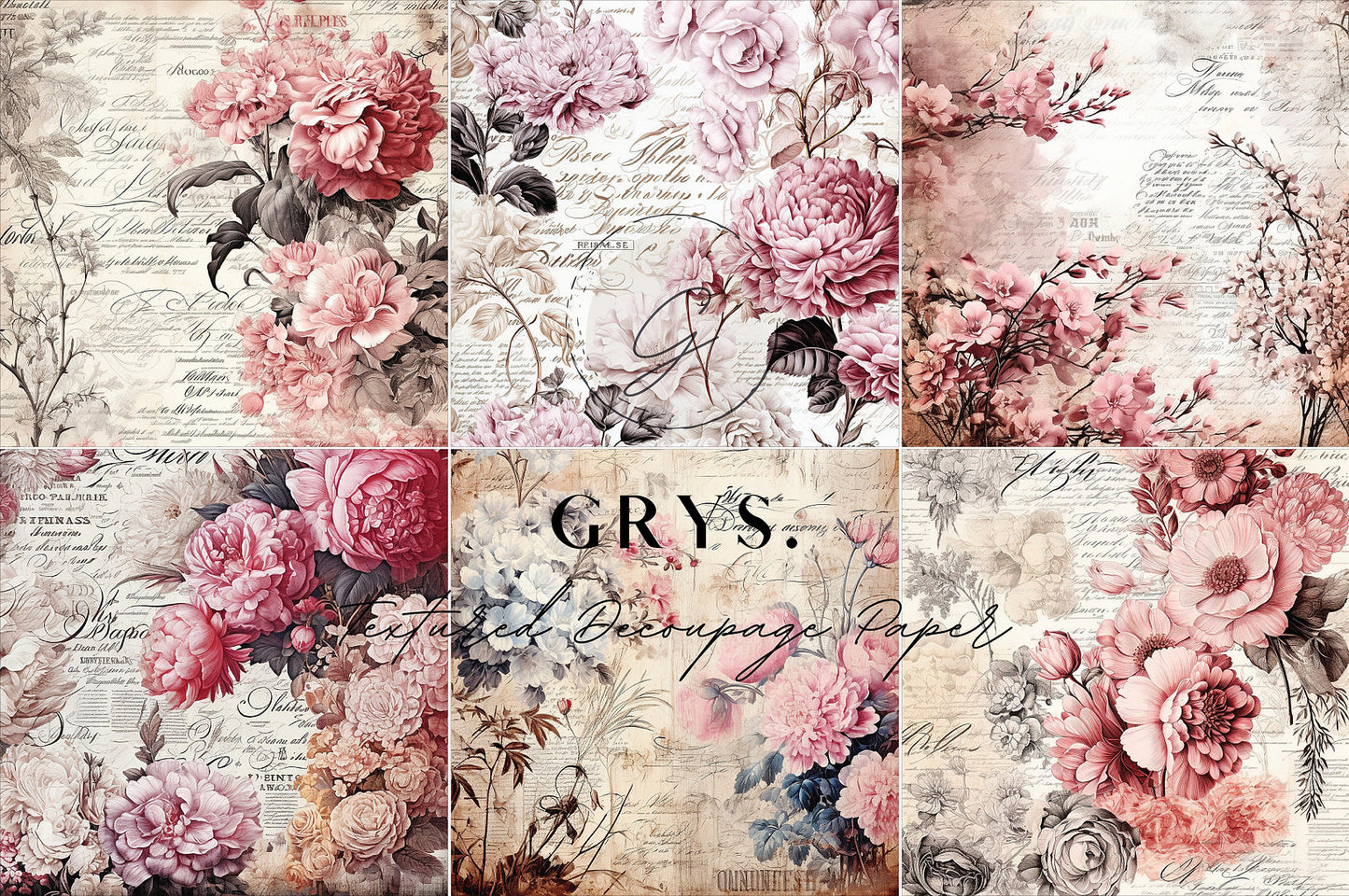 Grys Textured Decoupage Paper - Floral Scrapbook