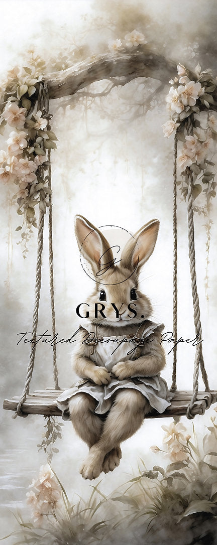 Grys Textured Decoupage Paper - Bunny on a swing