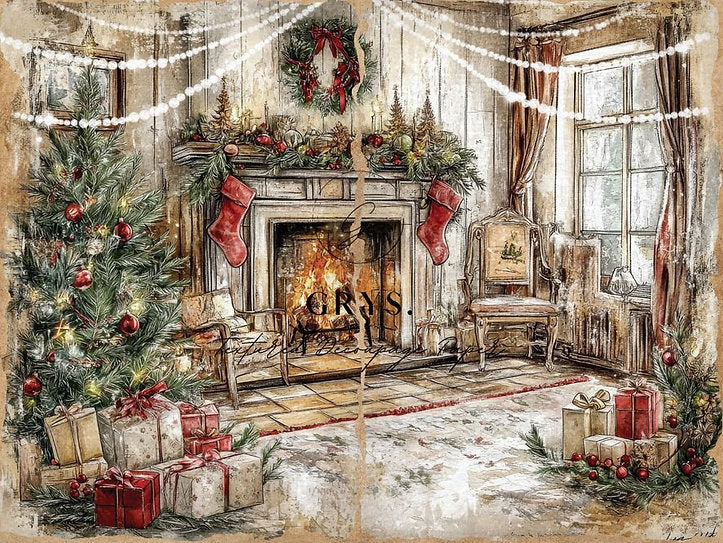 Grys Textured Decoupage Paper - Red & Rustic  - Fireplace
