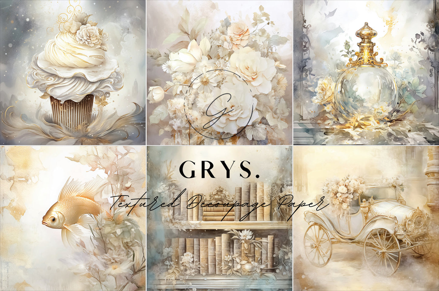 Grys Textured Decoupage Paper - White and gold (Sixes)