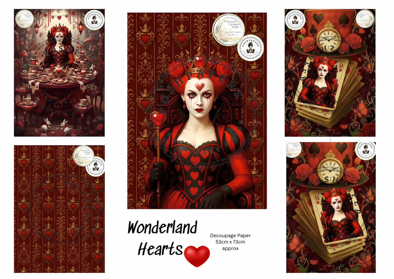 Posh Papers Decoupage Paper - Queen of Hearts Hat and Playing cards Left Facing