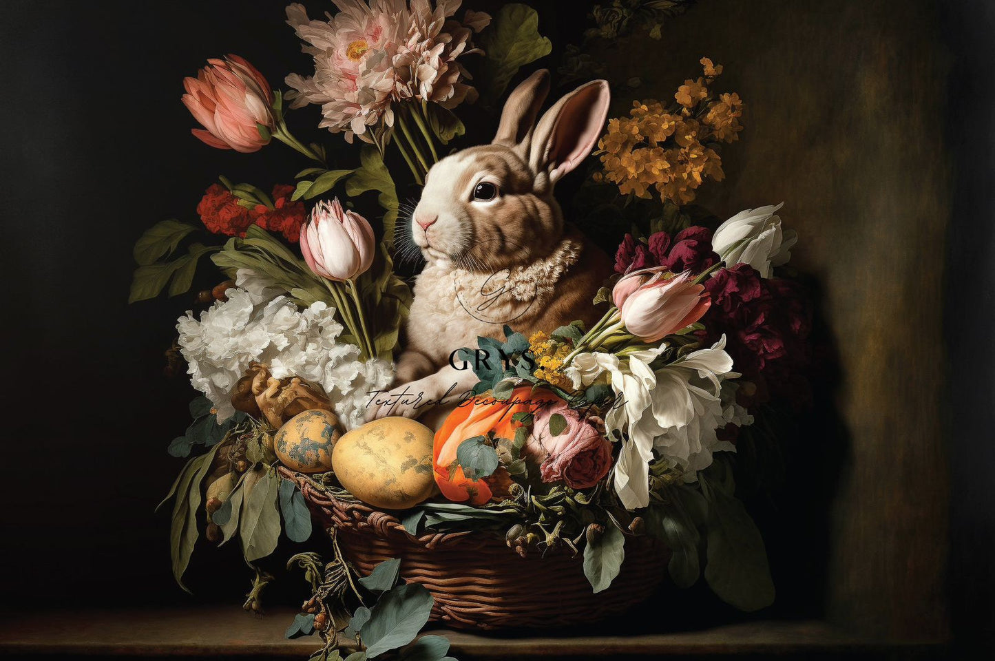 Grys Textured Decoupage Paper - Bouquet Bunny