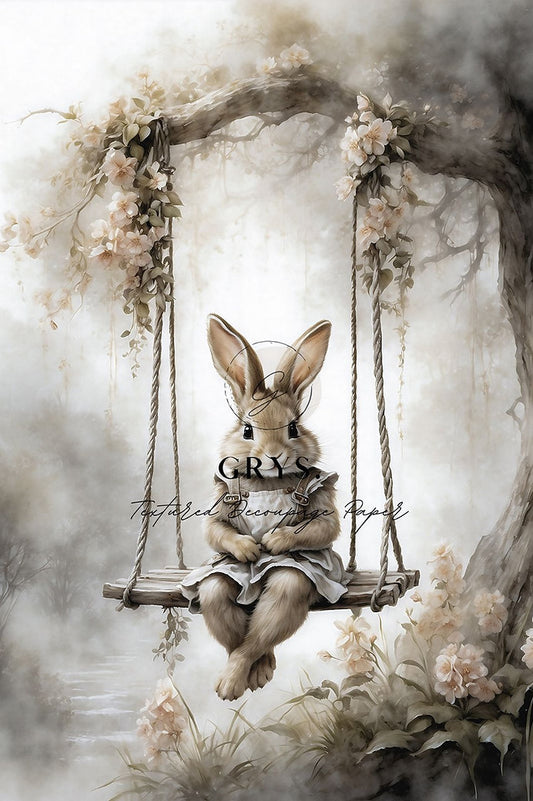 Grys Textured Decoupage Paper - Bunny on a swing