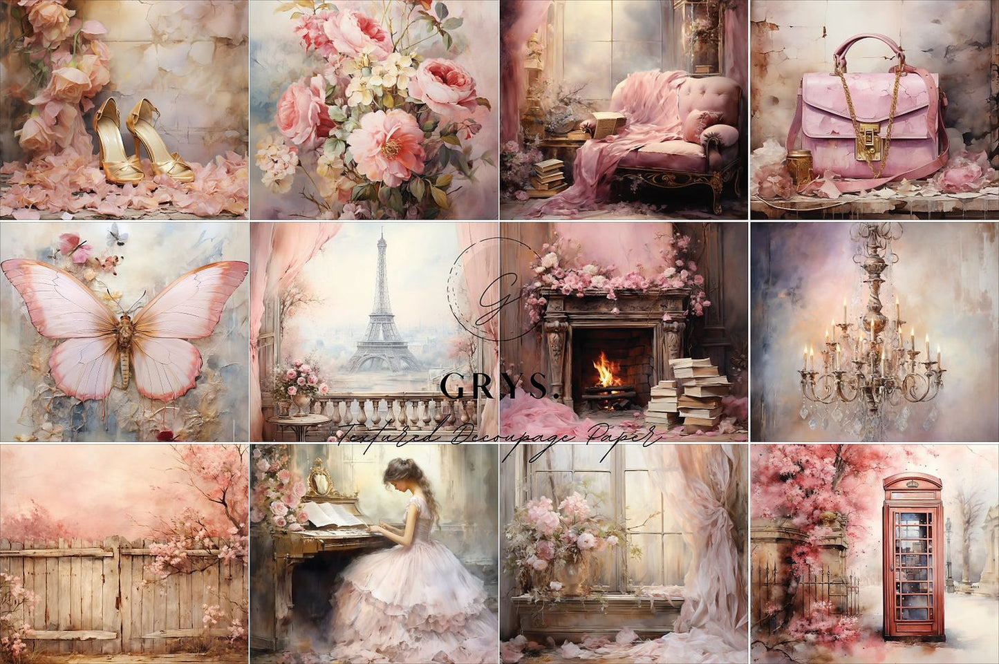 Grys Textured Decoupage Paper - Shabby in Pink (Dozen)