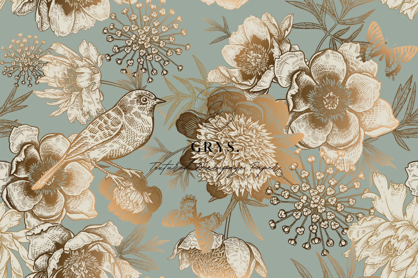 Grys Textured Decoupage Paper - Golden Flowers and Birds