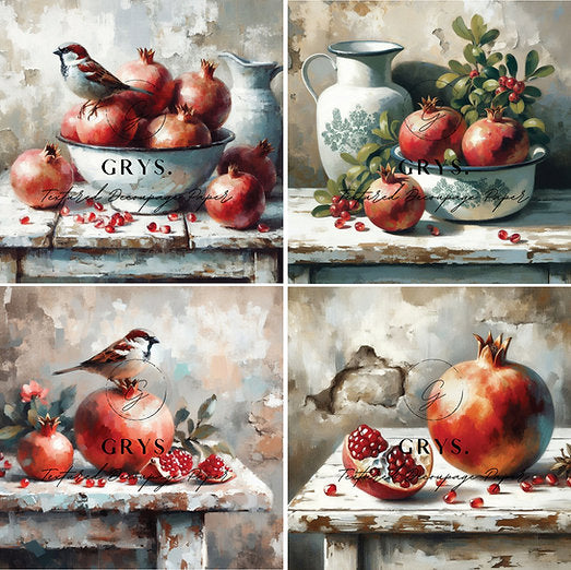 Grys Textured Decoupage Paper - Sparrow and Pomegranate (Fours)