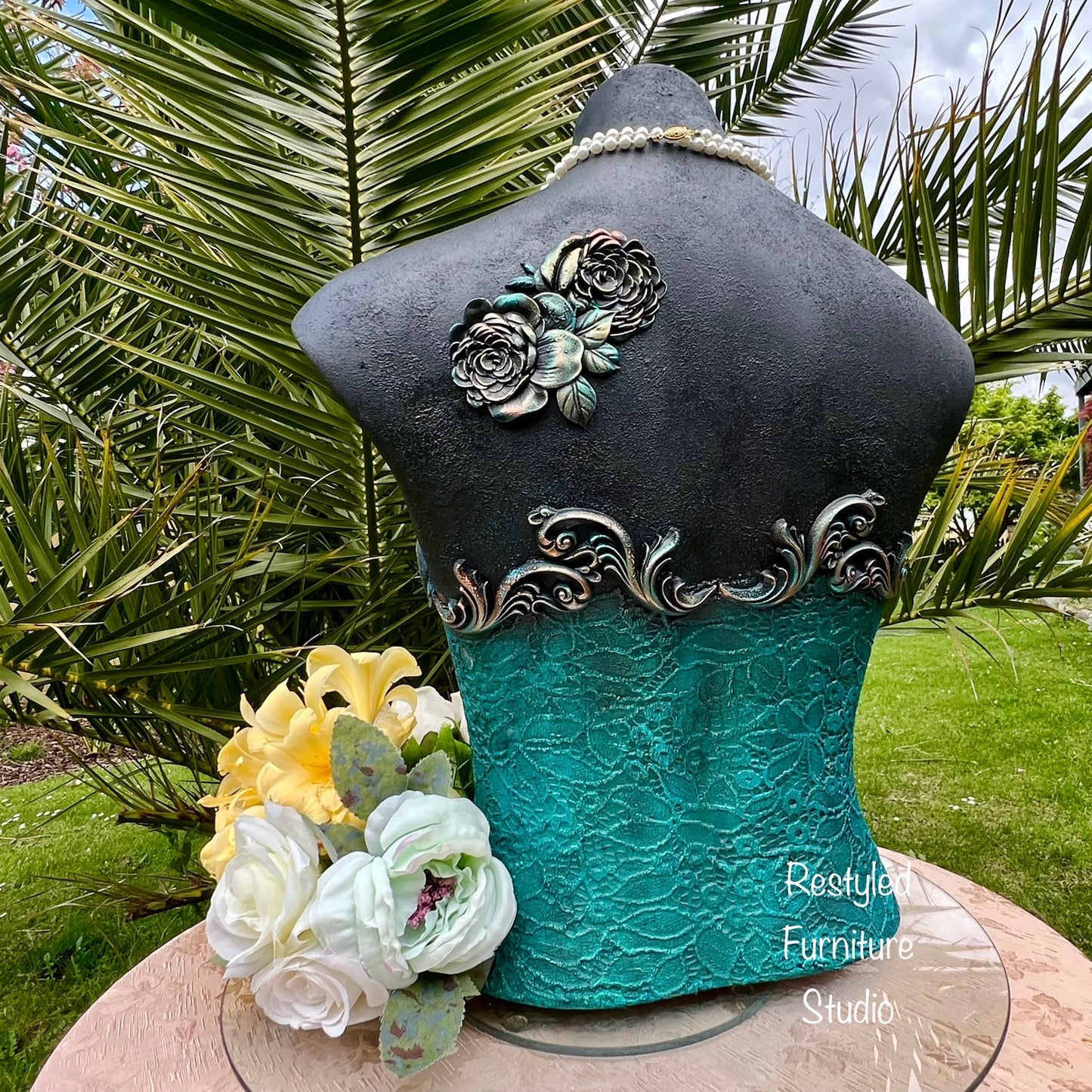 Teal and Black Mannequin Bust by Restyled Furniture Studio