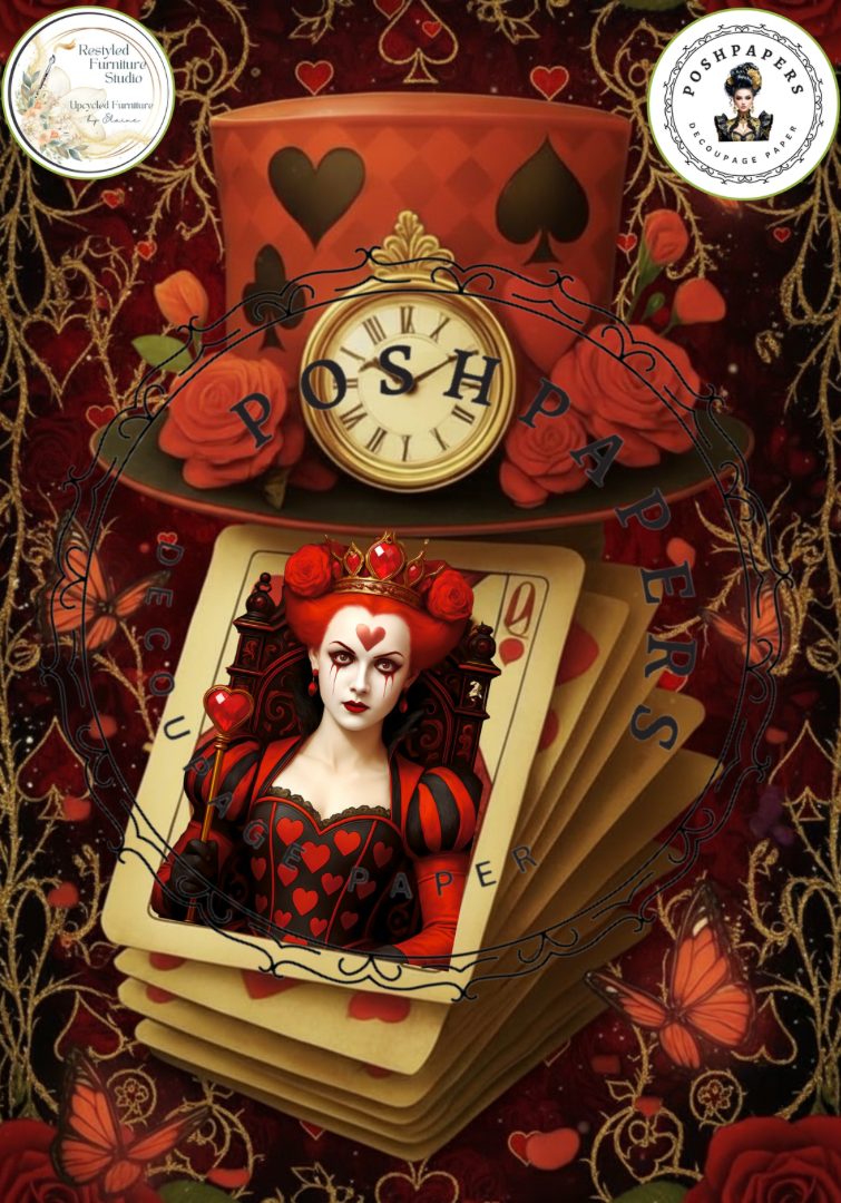 Posh Papers Decoupage Paper - Queen of Hearts Hat and Playing cards Left Facing