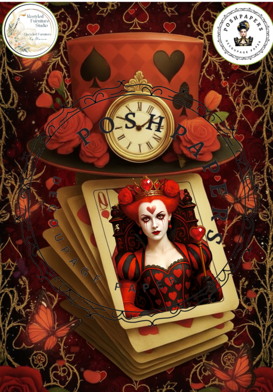 Posh Papers Decoupage Paper - Queen of Hearts Hat and Playing Cards Right Facing